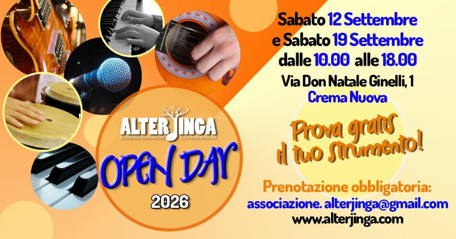 Open Day Alterjinga, sabato 12 e 19 settembre dalla 10 alle 18 presso la sede di Crema Nuova. Prenotazione obbligatoria alla mail associazione.alterjinga@gmail.com